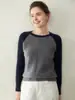Suéter de Caxemira Novo Estilo Outono/Inverno 2026 para Mulheres, Suéter de Tricô Raglan, Camada Base, Gola Redonda, Suéter de Tricô Trançado em Cor Contrastante