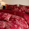 2026 Nuevo Modelo Jacquard Teñido en Hilo 100% Algodón Gasa de Doble Capa Rojo Brillante Serie de Juego de Cuatro Piezas para Boda Versión Sábana de 1.8m Cuatro Piezas