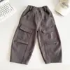 Valle del Viento 2026 Invierno Nuevos Pantalones Cargo Personalizados de Estilo Japonés para Niños con Bolsillos Grandes, Elegantes Pantalones Anchos Forrados de Forro Polar para Niños