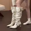 Primer Encuentro Temporada Retro Punta Fina Elegante Botín Plisado Adelgazante Tacón Alto Botas de Montar Botas de Mujer con Hebilla de Cinturón Botas Largas Delgadas