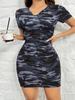 Vestido Casual Camuflado de Manga Curta com Decote em V Slim Fit, Nova Moda Verão Europeu e Americano, Venda Cruzada da Amazon 2024