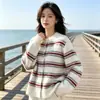 Cárdigan de Punto Rayas Bloque de Color Retro Cuello Redondo Manga Larga para Mujer, Cárdigan de Botones de Cuerno Otoño e Invierno, Abrigo Suéter Suave Casual