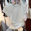 Playera de Algodón Puro de Manga Corta con Hombro Derecho Descubierto Azul Cuello Redondo Verano Femenino Nuevo Top Ajustado Plisado Moda Sexy Tendencia de Mujer