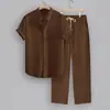 2026 Amazon comércio exterior transfronteiriço terno casual masculino de camisa de manga curta listrada com gola abotoada e calça comprida com cordão