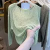 Camisa de Malla Tejida Hueca de Manga Larga Estilo Europeo para Mujer, Cubierta Transparente de Malla Fina Protectora del Sol de Verano, Top de Nuevo Estilo, Prenda Exterior de Malla Blanca