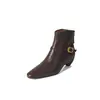 Fivela de cinto pele de carneiro e botas nude botas curtas femininas outono novo interior e exterior couro completo bico quadrado salto médio zíper botas femininas simples