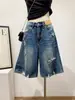 Shorts de Mezclilla Rasgados Estilo A-Line Talla Plus para Mujer, Verano Vintage Estilo Americano Cintura Alta Pierna Ancha Rectos de Longitud Media