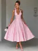 Vestido Jacquard Gola Halter V Decote Cruzado Europeu e Americano Personalizado Vestido de Noite de Alta Qualidade Primavera/Verão Temperamento Sem Mangas Costas Abertas Cincha na Cintura