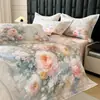 Juego de cuatro piezas de algodón 100% de fibra larga, grosor aumentado, cepillado, con estampado floral grande, de alta gama, que incluye funda de edredón, sábana bajera y ropa de cama