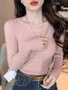 Suéter de Punto de Manga Larga Versátil de Corte Delgado y Ajustado Fino para Otoño e Invierno para Mujer, Color Sólido Corto, Cuello Redondo Bajo, Moderno