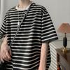 Estilo japonês retrô tridimensional listrado pesado manga curta masculino verão novo solto all-match casual gola redonda camiseta casal na moda