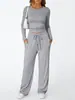 2026 Bestseller Transfronterizo Europeo y Americano Amazon TK Conjunto Casual de Color Sólido Manga Larga Top Pantalones de Pierna Ancha de Cintura Alta Ropa Deportiva