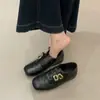 Mocasines Cuadrados Tallados Estilo Retro que Aumentan la Altura Interior para Mujer, Nuevos Zapatos Estilo Británico Primavera y Otoño, Piel Negra
