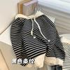 Moletom Pulôver Listrado com Capuz de Manga Raglan Espesso 100% Algodão para Mulheres 2026 Estilo Coreano Outono e Inverno Loose Estilo Preguiçoso Top para Mulheres