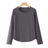 Nuevo Estilo de Otoño Camiseta Básica de Punto de Canalé con Cuello Redondo y Mangas Largas, Moda Simple y Elegante, Cómoda, con Dobladillo Curvo, Color Sólido, Top para Mujer