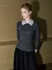 Nuevo Top de Punto Ajustado Casual Retro con Bloques de Color, Solapa, Botones y Puños Enrollados para Mujer, Versátil para el Trabajo, Otoño 2026