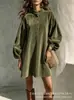 Nuevo Vestido Cruzado de Terciopelo Gamuzado Europeo y Americano para Mujer, Vestido Midi Retro de Cuello Alto Pequeño con Mangas de Farol, Corte Amplio en A