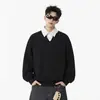 Sudadera negra de dos piezas de imitación con cuello de camisa para hombre, nuevo estilo primavera y otoño, chaqueta tipo polo de manga larga de estilo universitario de alta gama