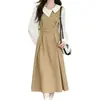 Elegante vestido de primavera y otoño con bloques de color de estilo transfronterizo para mujer, con un toque de lujo ligero y alta gama, falso dos piezas, vestido largo de línea A que ciñe la cintura