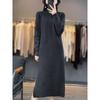 Vestido de punto de lana pura para otoño e invierno, falda de lana para mujer, suéter suelto con solapa y cremallera larga por encima de la rodilla con abertura