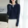 Primavera/Verão 2026 Novo Lã Fina Gola Redonda Tricô Manga Longa Feminino Cor Torcida Bloco de Cores Slim Fit Falso Duas Peças