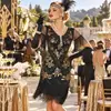 Vestido de Festa Gatsby Retro Europeu e Americano com Franjas e Lantejoulas, Manga Curta, Decote V