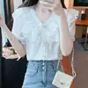 2026 Novo Estilo de Verão Doce e Elegante Renda Babados Decote V Manga Curta Bufante Branco Chiffon Blusa Top para Mulheres
