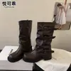 Botas Martin de cuero genuino hasta la pantorrilla para mujer, nuevo estilo otoño e invierno 2026, estilo británico, con aumento interno de altura, tacón grueso, caña plisada, botas de montar
