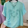 Temperamento Rejuvenescedor Verão Novo Fino Algodão Linho Manga Curta Solto Blusa Feminina Artística Retro Bordado Gola Redonda Camiseta