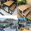 Conjunto de mesa e cadeiras de plástico-madeira para exterior para varanda, pátio, mesa e banco longos de lazer, parque, jardim, terraço, mesa e cadeira anticorrosivas de plástico-madeira