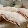 Colcha de Gaze Franzida Estilo Princesa Francesa Conjunto de Quatro Peças Acabamento Fresh de Renda Algodão Lavado Lençol de Cama Antiderrapante Capa de Edredom
