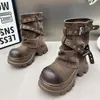 Botas de mujer post-apocalípticas desgastadas de suela gruesa holgadas hebilla personalizada tacón grueso botines marrones botas vaqueras mujer