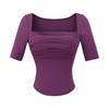 Camiseta de Verano Versátil de Ajuste Delgado con Escote Cuadrado, Mangas Medias Plisadas y Almohadilla en el Pecho, Dobladillo Curvo, Top Corto para Mujer
