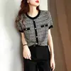 Top de Tejer de Seda de Hielo, Camisa de Manga Corta Estilo Chanel para Mujer, Blusa Rayada de Moda Suelta de Verano Delgada con Cuello Redondo