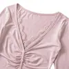 Top de Manga Media Plisado de Encaje con Cuello en V Estilo Suave Deseo Puro Falda de Encaje Ceñida al Cuerpo para Mujer Verano Otoño (Hermana Imperial) Conjunto de Dos Piezas de Temperamento