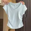 Camiseta Azul Leche con Cuello en V y Hombro Normal para Mujer, Top de Verano Ajustado, Capa Base para Primavera y Otoño, Camisa Versátil de Manga Corta