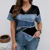 2026 Nova Roupa Feminina Transfronteiriça de Verão Camiseta de Manga Curta com Decote V Estampa Jeans Top Casual Solto Emagrecedor para Mulheres