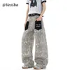 Jeans Retro Americano con Estampado de Leopardo y Bolsillo de Parche para Hombres Mujeres Sueltos Calle Pierna Ancha Plátano Pantalones Casuales Venta al por Mayor