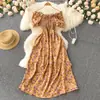 Vestido floral adelgazante estilo hada retro francés, fresco y sencillo, con cintura alta, cordón, cintura plisada y un bajo amplio acampanado