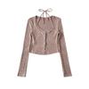 Cárdigan de punto falso de dos piezas para mujer, top halter puro de chica hot con encaje y cordones, botonadura simple, cintura alta, corto hasta el ombligo