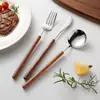 Juego de Cubiertos de Acero Inoxidable 304 con Mango de Palosanto Estilo Japonés para Uso en Hotel y Hogar, Juego Sólido de Cuchillo para Bistec, Tenedor y Cuchara Estilo Occidental de Madera