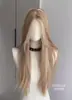 Peluca Femenina Peluca Completa Cabeza Americana Sexy Castaño Dorado Flequillo Resaltado Color Degradado Encaje en la Frente Raya Media Cabello Largo Recto Simulado