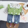 Traje de Bebé de Primavera, Ropa de Moda para Niña, Conjunto de Tres Piezas con Suéter de Flores Pequeñas, Traje de Tres Piezas para Niños, Venta al por Mayor desde la Fábrica de Origen