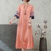 Vestido Literário Retrô Solto Tamanho Grande Algodão e Linho Feminino Vestuário de Chá de Alta Qualidade Estilo Étnico Botão de Disco Bordado Saia Longa Novo Estilo
