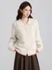 Suéter Cardigan de Punto Grueso con Cuello de Muñeca de Color Contrastante para Otoño e Invierno, Suéter de Manga Larga Suelto para Usar como Base o Chaqueta para Mujer