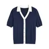 Polo de Punto Azul Marino Estilo Tweed de Manga Corta para Mujer, Lujo Accesible de Alta Gama, Moda Francesa Elegante, Top Holgado con Efecto Adelgazante