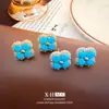 Brincos de Trevo de Quatro Folhas Turquesa Incrustados com Diamantes Estilo Francês Vintage, Brincos Elegantes e Luxuosos com um Toque Moderno de Alto Padrão para Mulheres