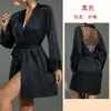 Robe Sexy Feiyun Estilo Europeu e Americano para Mulheres, Cetim com Bolinhas e Renda, Patchwork no Painel Traseiro, Manga Longa, com Cinto, Roupa de Casa Externa 569