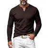 Camiseta base de punto acanalado elástico resistente para hombre, manga larga, cuello en V Henley, retro, simple, tipo chico duro, transfronteriza europea y americana, otoño e invierno
