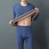 Roupa íntima térmica masculina com forro de veludo, conjunto de inverno para jovens e meia-idade, gola redonda, calça comprida